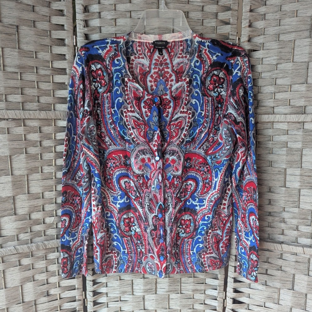 Talbots Button Up Cardigan Red Blue Paisley Merino Wool Sz L Colorful Classic